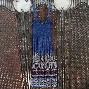 Blue Patterned Smocked Maxi Dress - Women L Pink Black Stretchy Geometric